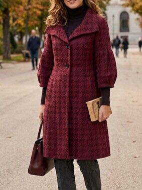Axcess Burgundy Houndstooth Trench Coat with Puff Sleeves